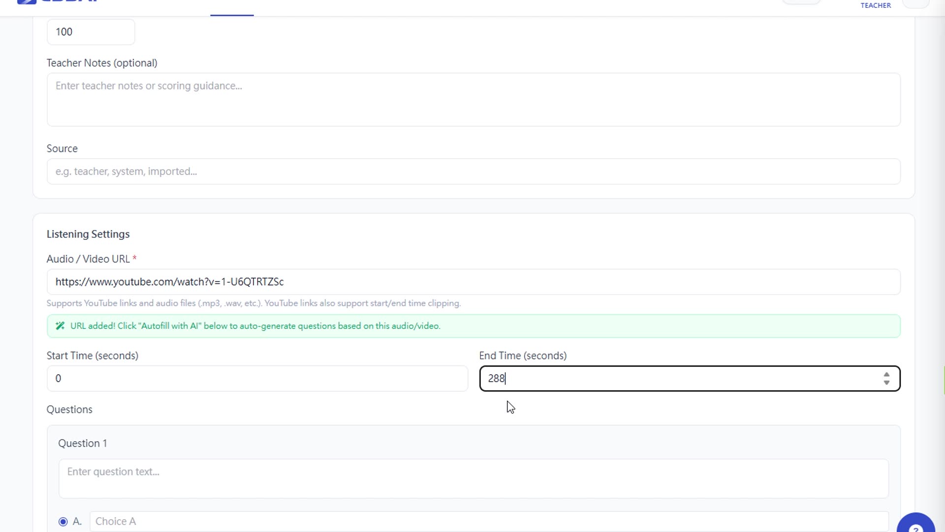 AI 一鍵 autofill：貼 URL 後自動生成 5 道 MC 題目、每題 4 選項、答案與解釋