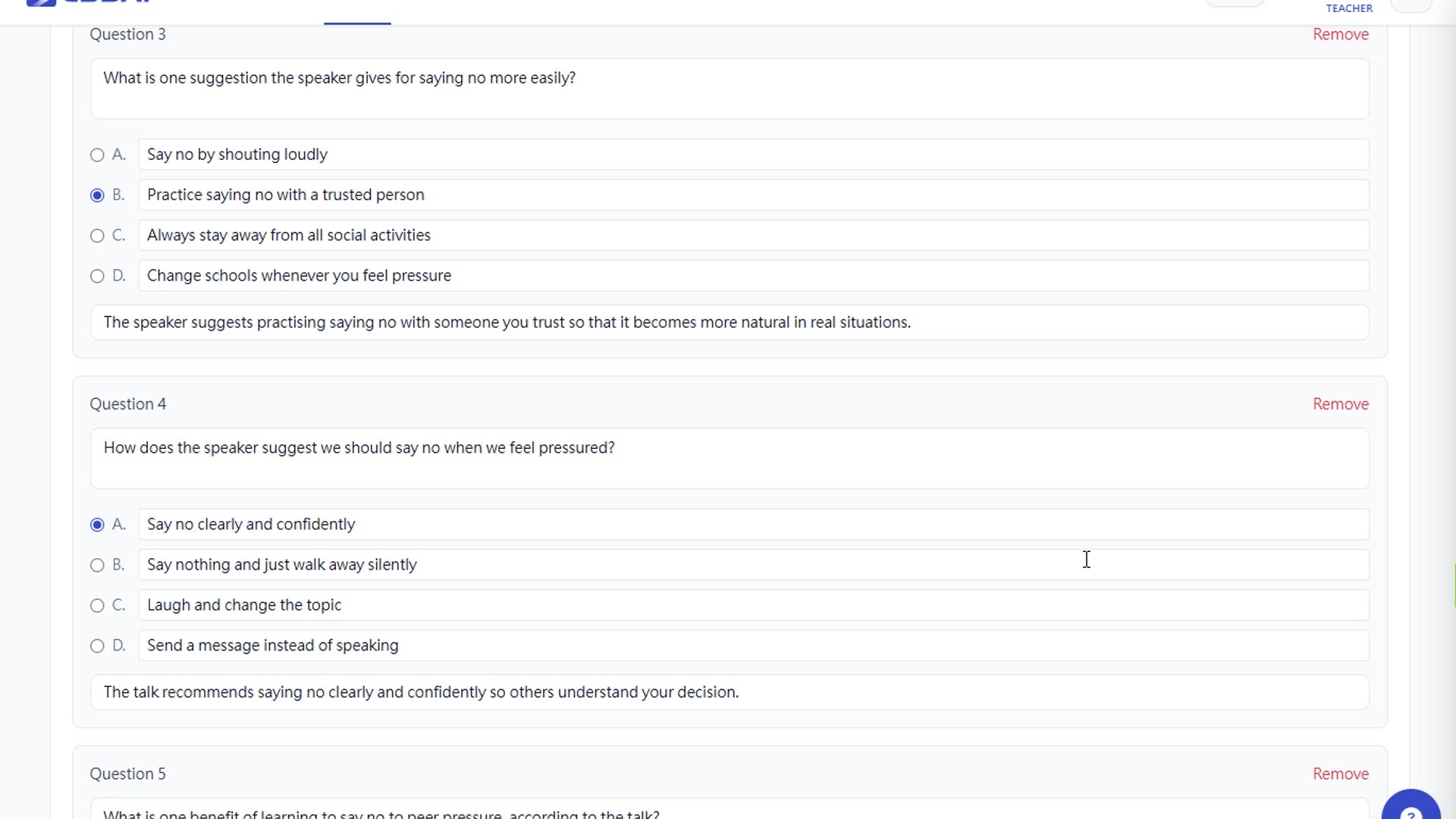 第 5 題：Why learn to say no · AI 自動填 4 選項 + 解釋 + 保存狀態