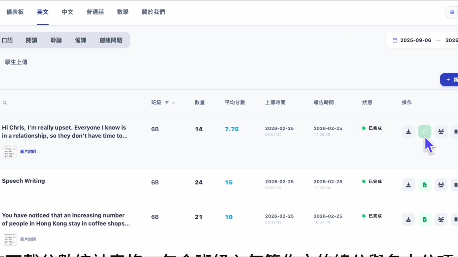 Teacher dashboard — class-level essay batch with average scores and completion status
