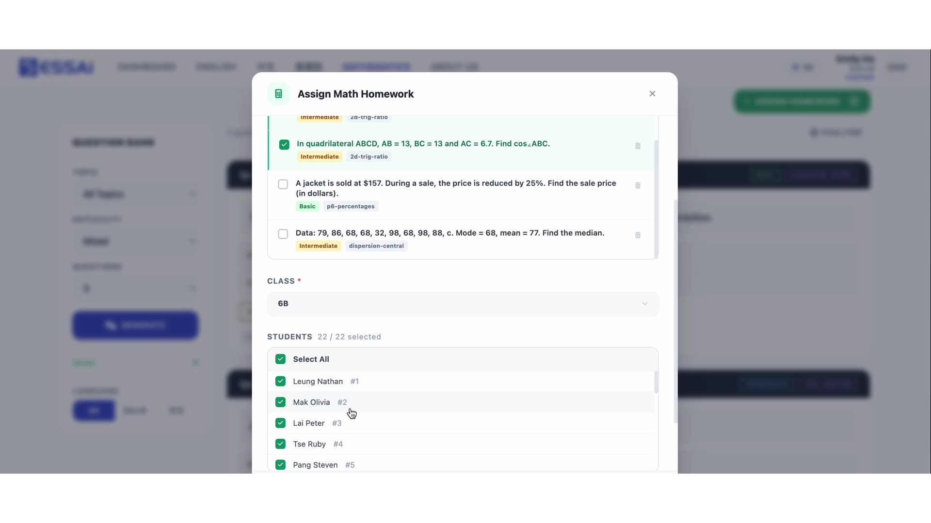 多选题目画面 · 题目卡显示 Intermediate、Basic、2d-trig-ratio、dispersion-central 等标签