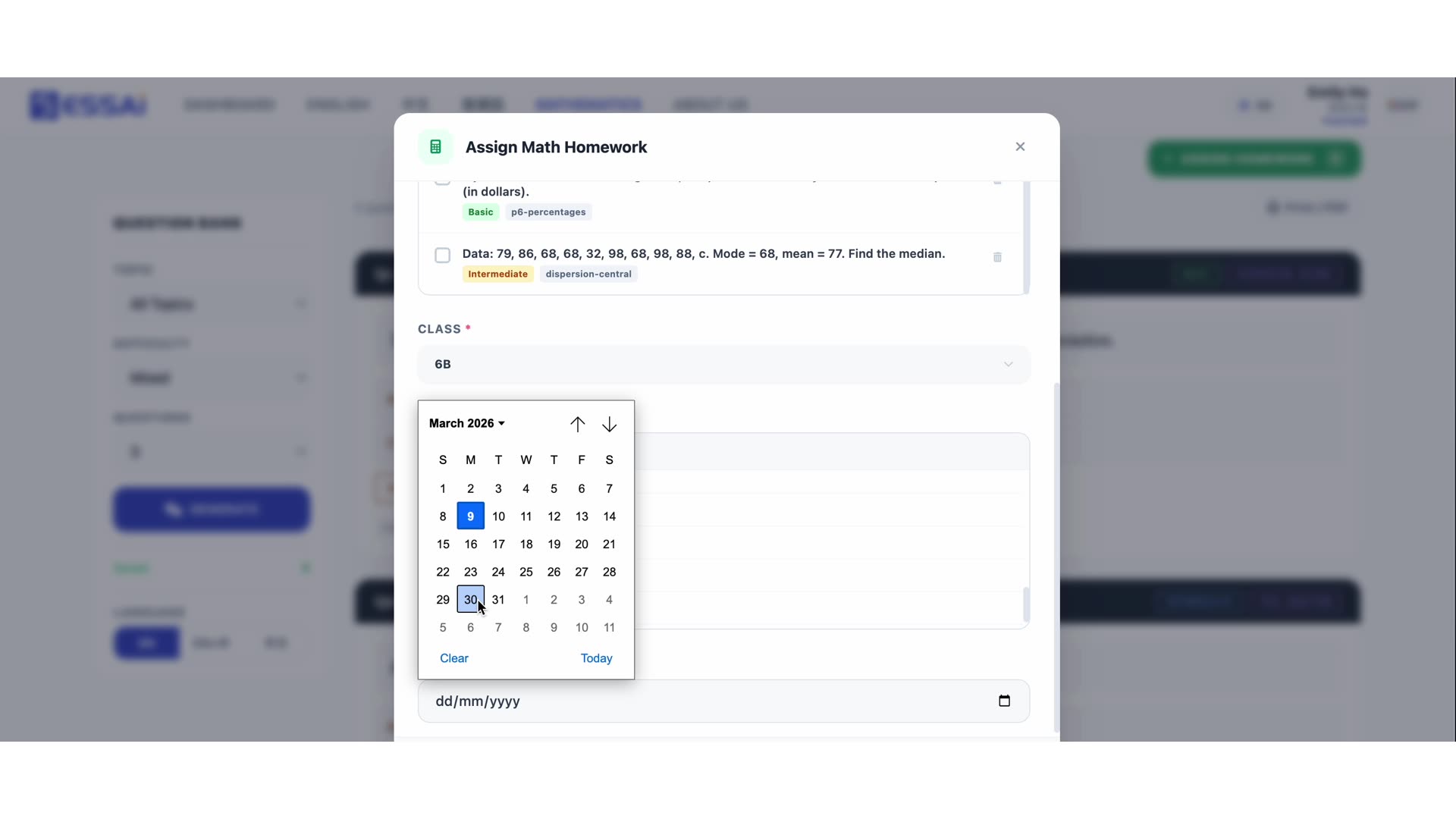 派功课：班级 3A 选择、截止日期栏位、Submit 绿色按钮