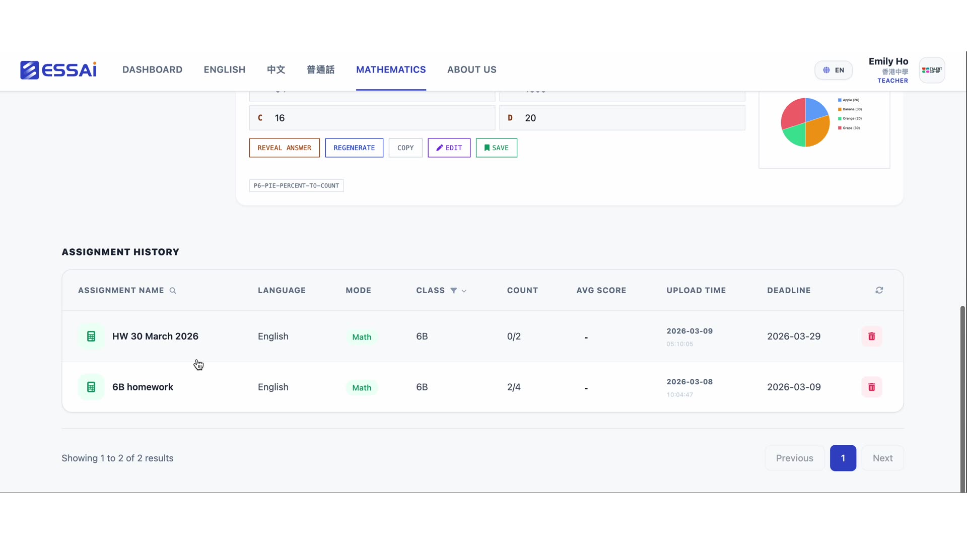 P6 水果百分比扇形图题目 + 全班作业历史（HW 30 March、6B homework、班级 / 数量 / 截止日期）